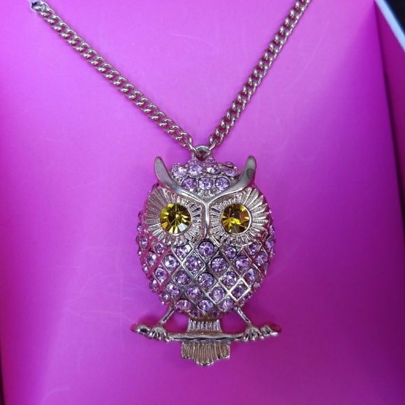 Betsey Johnson Pave` Owl Necklace Pink Gold Tone - Picture 5 of 8